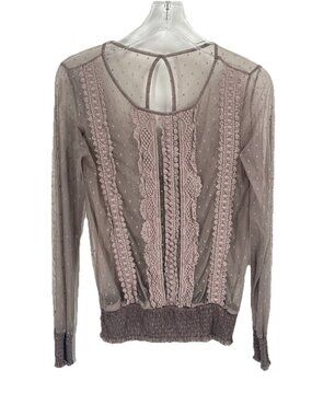 Sheer Brown Embroirdered Lace Long Sleeve Blouse XS Ethereal Feminine Romantic
